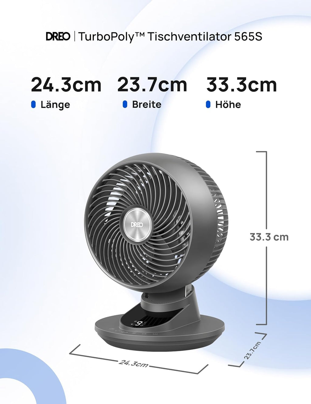 DREO TurboPoly DR-HAF008S Tischventilator – 1.530m³/h, 22dB, 100° Oszillation, 9 Stufen, WiFi, Alexa, Grau