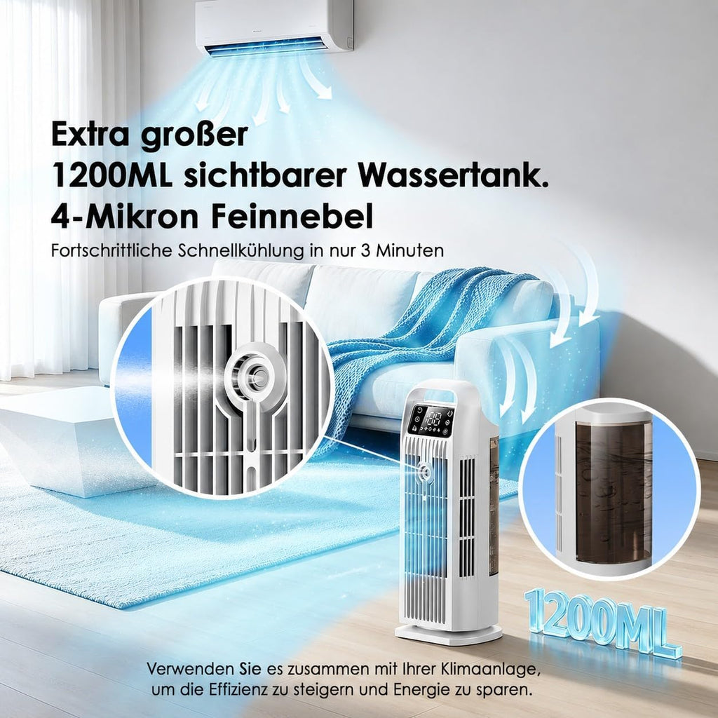 Zenolix KF1 Luftkühler 6-in-1 1,2L – 36W, 7 m/s, 120° Oszillation, 35 dB, Timer, Fernbedienung, Weiß