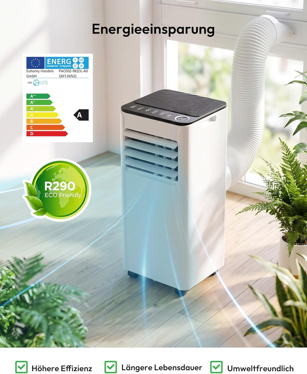 EUHOMY OL-A016FF26N2 Mobiles Klimagerät 9.000 BTU – 4-in-1, R290, EEK A, GMCC, 25m², Weiß