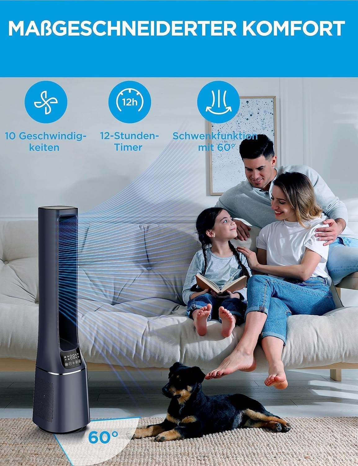 Midea MFP-120i Klingelloser Luftreiniger & Ventilator – H13 HEPA, SensiCool, WiFi, Alexa, 38dB, Blau