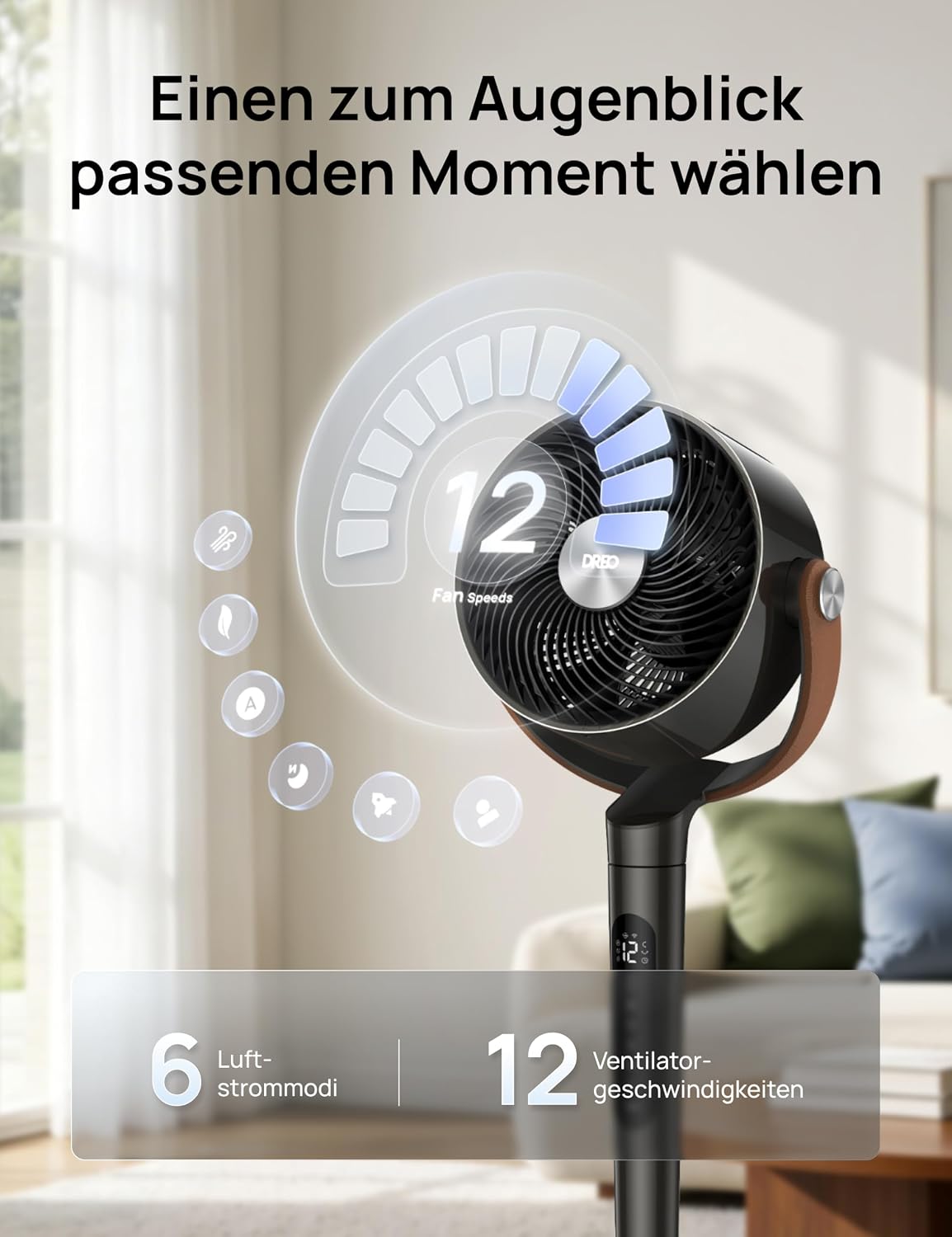DREO PolyFan 513S DR-HAF003S Standventilator 95,5cm – 2209m³/h, 20dB, RGB, 150°+120°, WiFi, Alexa, Schwarz