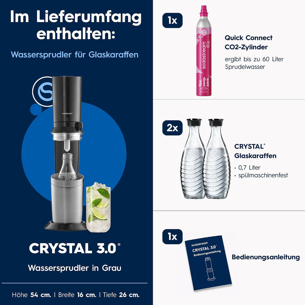 SodaStream Crystal 3.0 Wassersprudler – Quick Connect CO2, 2x Glaskaraffe 0,7L, Titan/Schwarz