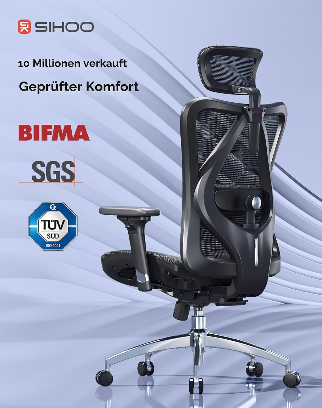 SIHOO M57 Ergonomischer Bürostuhl, 3D-Armlehnen, Mesh, Kopfstütze, bis 150 kg, Schwarz