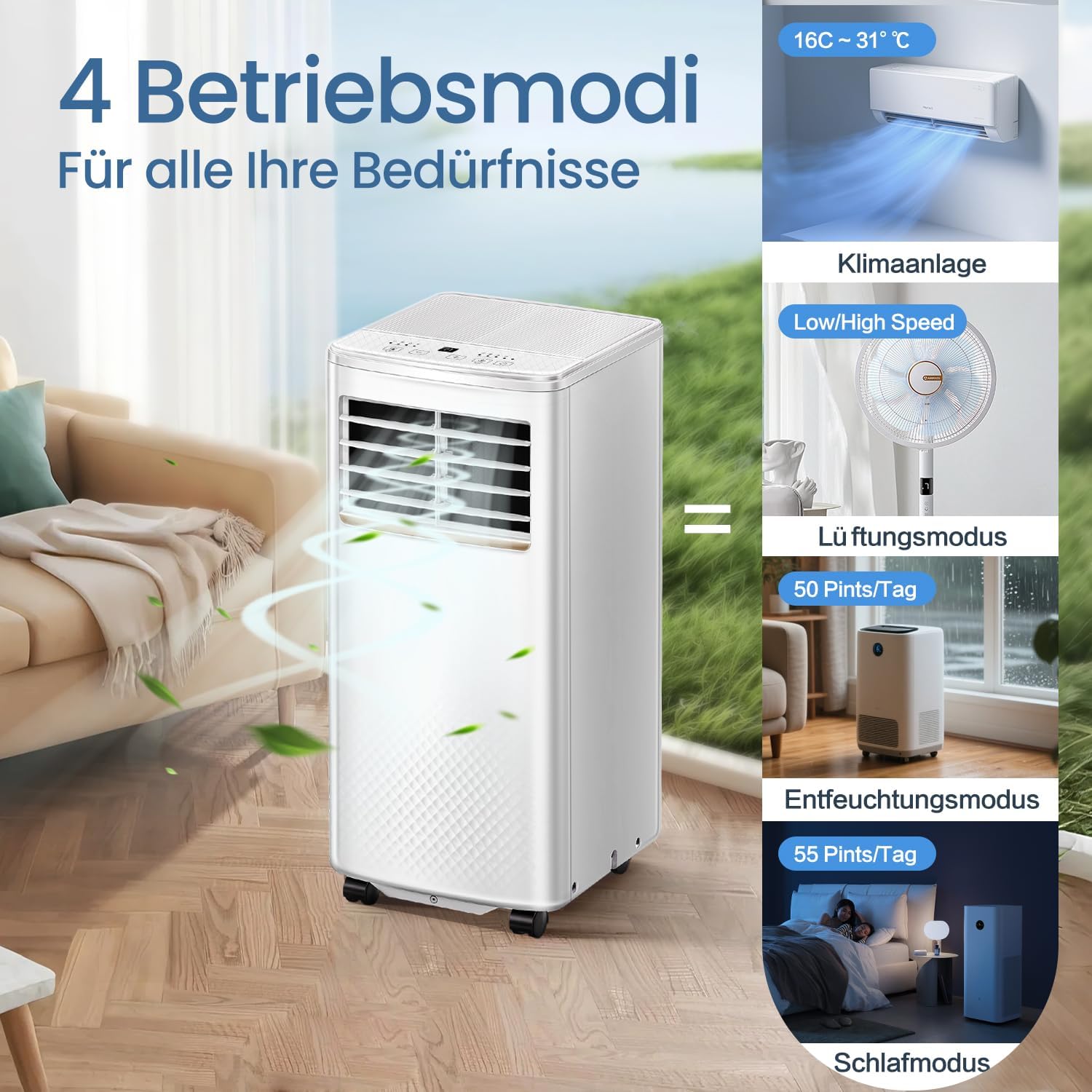 4-in-1 Mobile Air Conditioner, 7000 BTU Mobile Air Conditioner with Cooling, Air Circulation, Dehumidification, Portable Air Conditioner with Remote Control, Exhaust Hose, Sleep Mode, 2.1 kW for Rooms