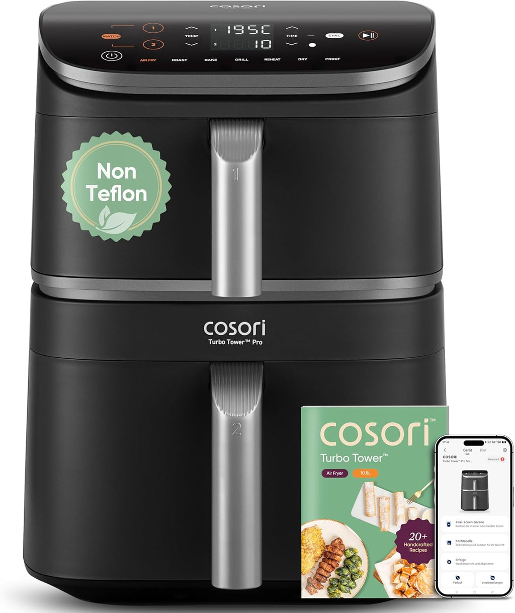 Cosori Turbo Tower Pro CAF-DC113S 10,8L – Keramik, DualBlaze, 5 Lüfterstufen, WiFi, 2630W, Silbergrau