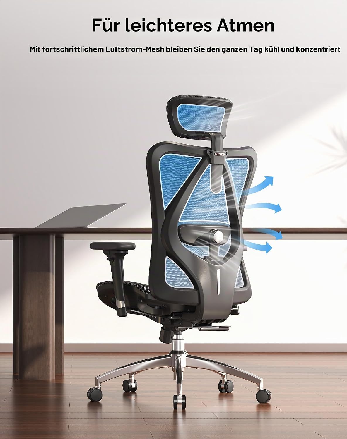 SIHOO M57 Ergonomischer Bürostuhl, 3D-Armlehnen, Mesh, Kopfstütze, bis 150 kg, Schwarz
