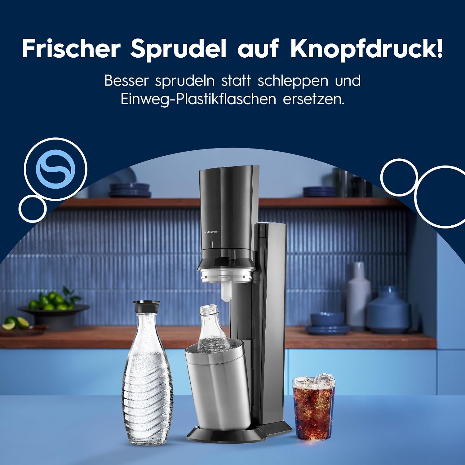 SodaStream Crystal 3.0 Wassersprudler – Quick Connect CO2, 2x Glaskaraffe 0,7L, Titan/Schwarz