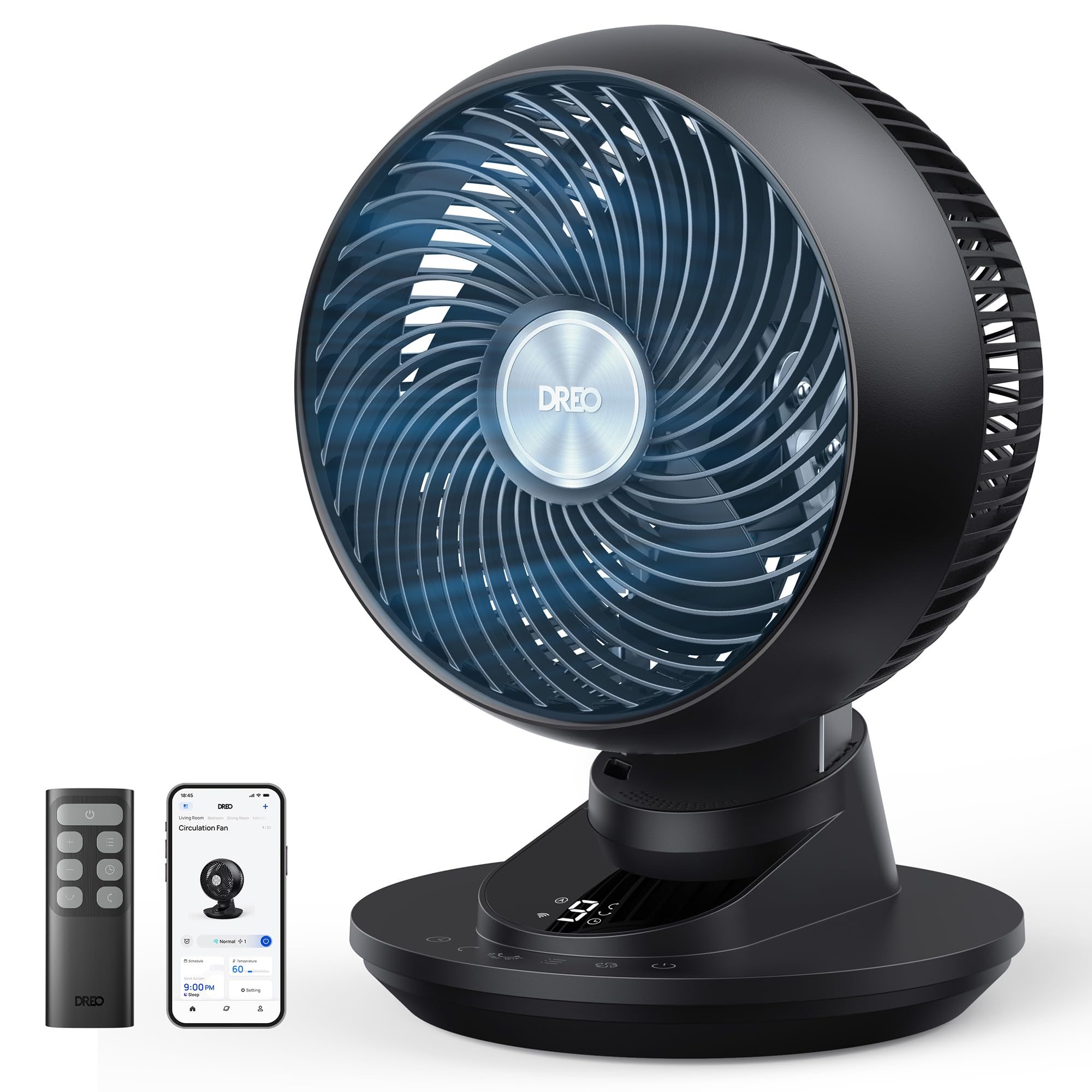 DREO TurboPoly DR-HAF008S Tischventilator – 1.530m³/h, 22dB, 100° Oszillation, 9 Stufen, WiFi, Alexa, Grau
