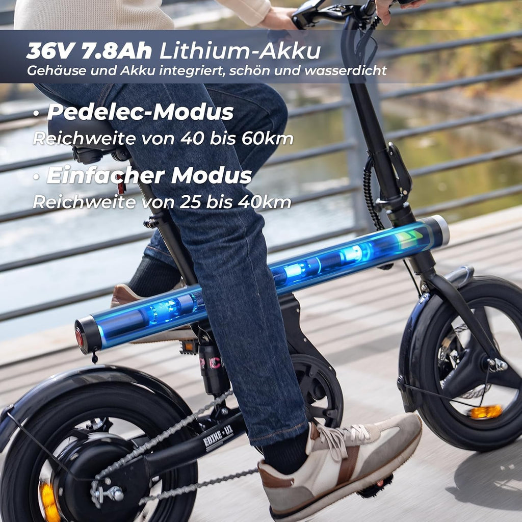 Finbike U1 Klapp-E-Bike 250W – 7-Gang, Pedelec, 14", Scheibenbremsen, LCD-Display, 120kg, Schwarz