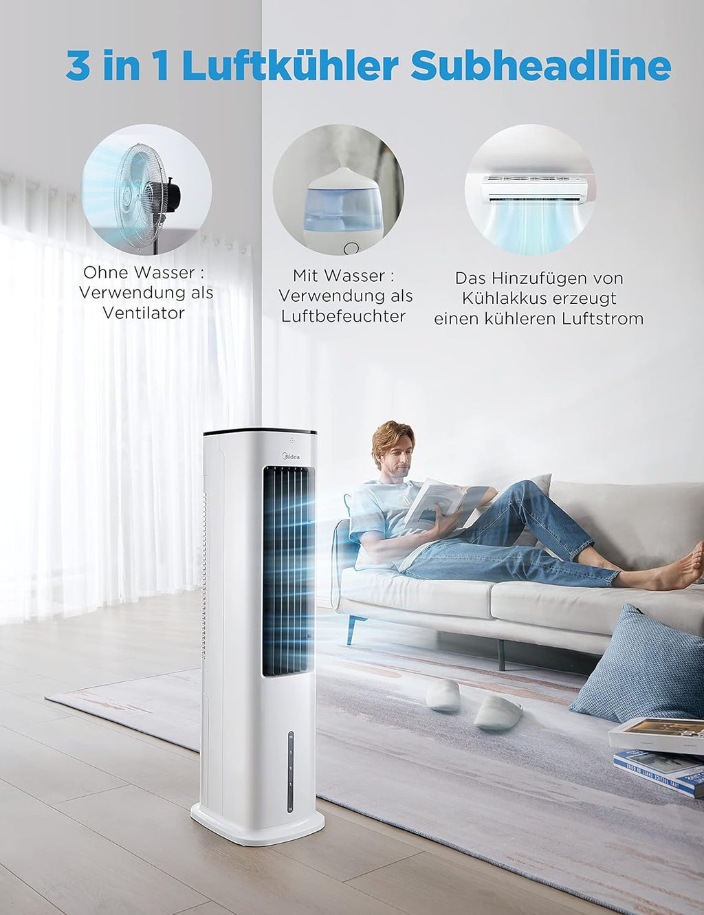 Midea AC100-20ARB Luftkühler 4-in-1 – 5L Wassertank, 3 Modi, Fernbedienung, 55W, Weiß