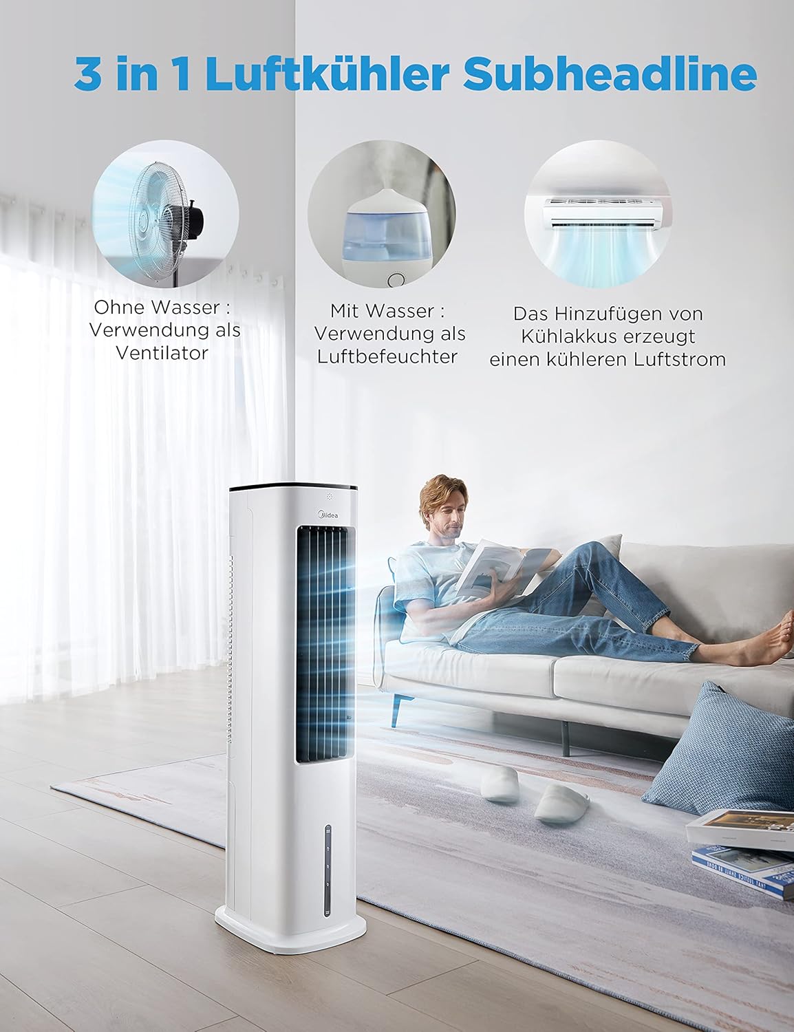 Midea AC100-20ARB Luftkühler 4-in-1 – 5L Wassertank, 3 Modi, Fernbedienung, 55W, Weiß