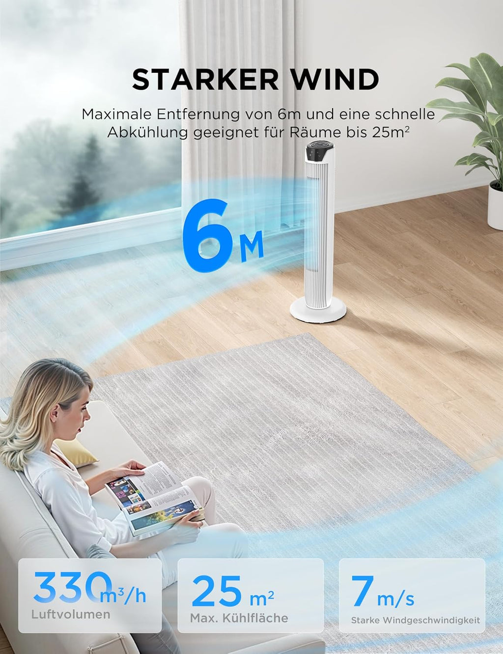 Midea FZ10-17JR Turmventilator 91,8cm – 45W, 330m³/h, 90° Oszillation, 3 Modi, 38dB, 7h Timer, Weiß