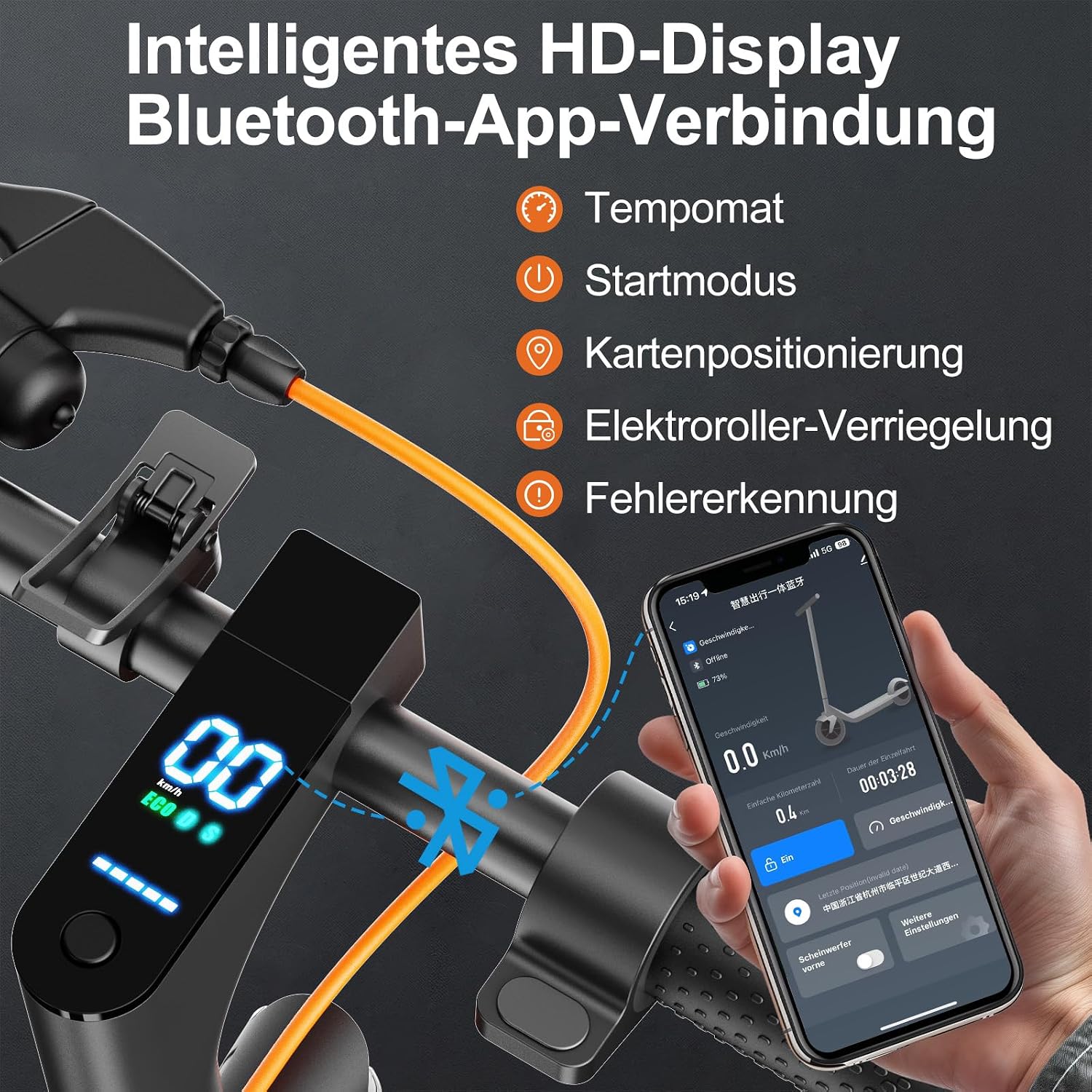 TODIMART T3 E-Scooter mit ABE, bis zu 30 km Reichweite, 8,5 Zoll Vollgummireifen, Bluetooth-App, Dual-Bremssystem, faltbar, IPX5, Schwarz/Orange**