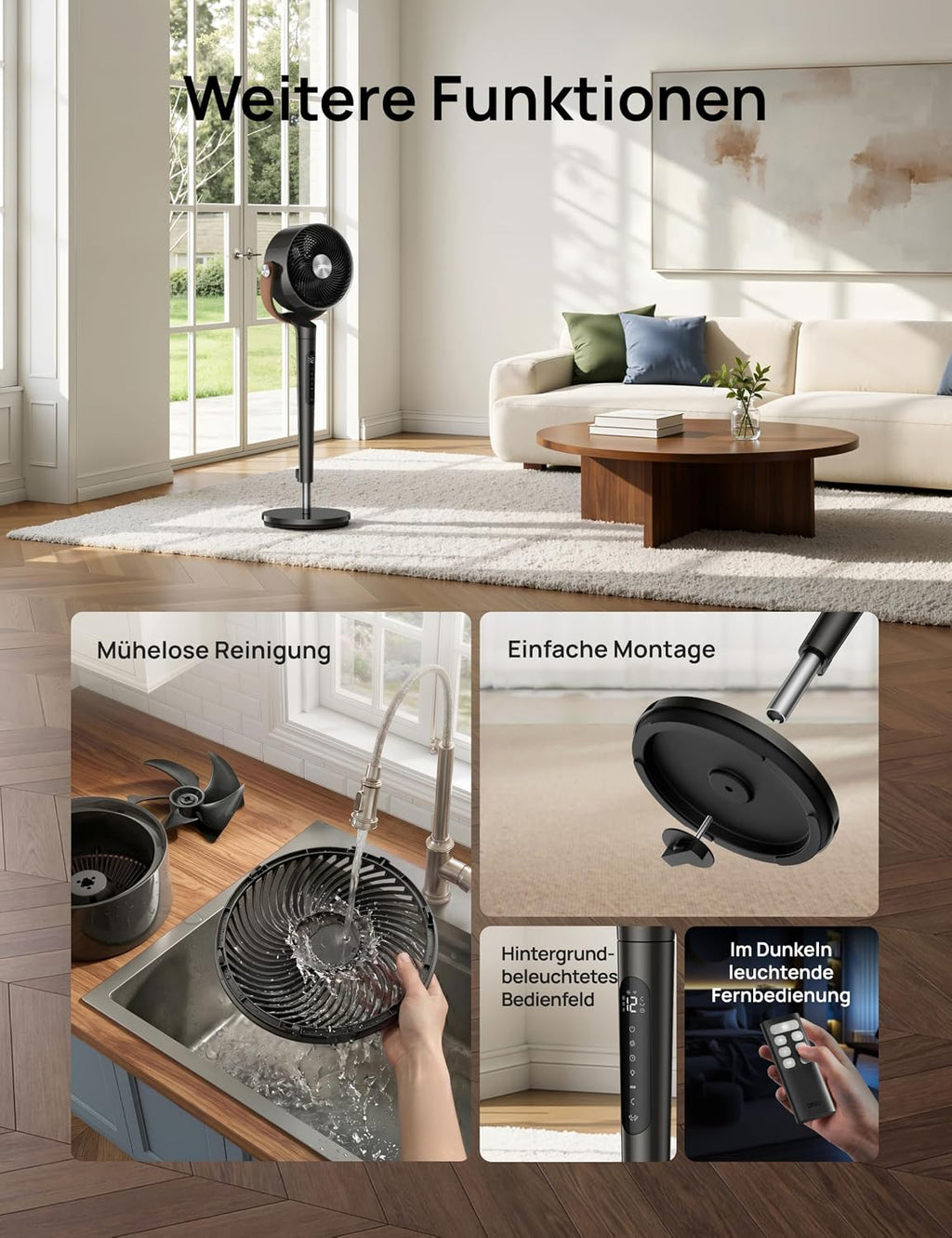 DREO PolyFan 513S DR-HAF003S Standventilator 95,5cm – 2209m³/h, 20dB, RGB, 150°+120°, WiFi, Alexa, Schwarz