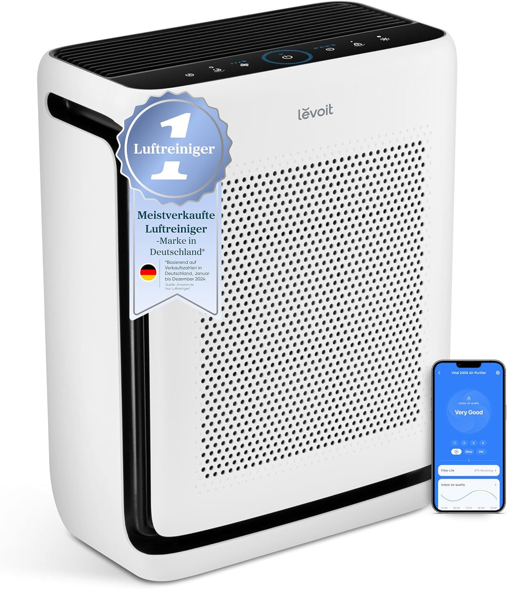 Levoit Vital 200S Smart Luftreiniger 416m³/h – HEPA 99,97%, 87m², Haustiermodus, 24dB, Alexa, Weiß/Schwarz