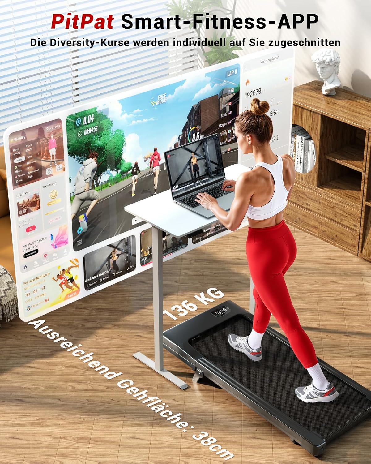 Superun WP06 Laufband 6% Neigung – 16,8 km/h, 136kg, 2,5 PS, KI-Training, App, 40x90cm, Schwarz
