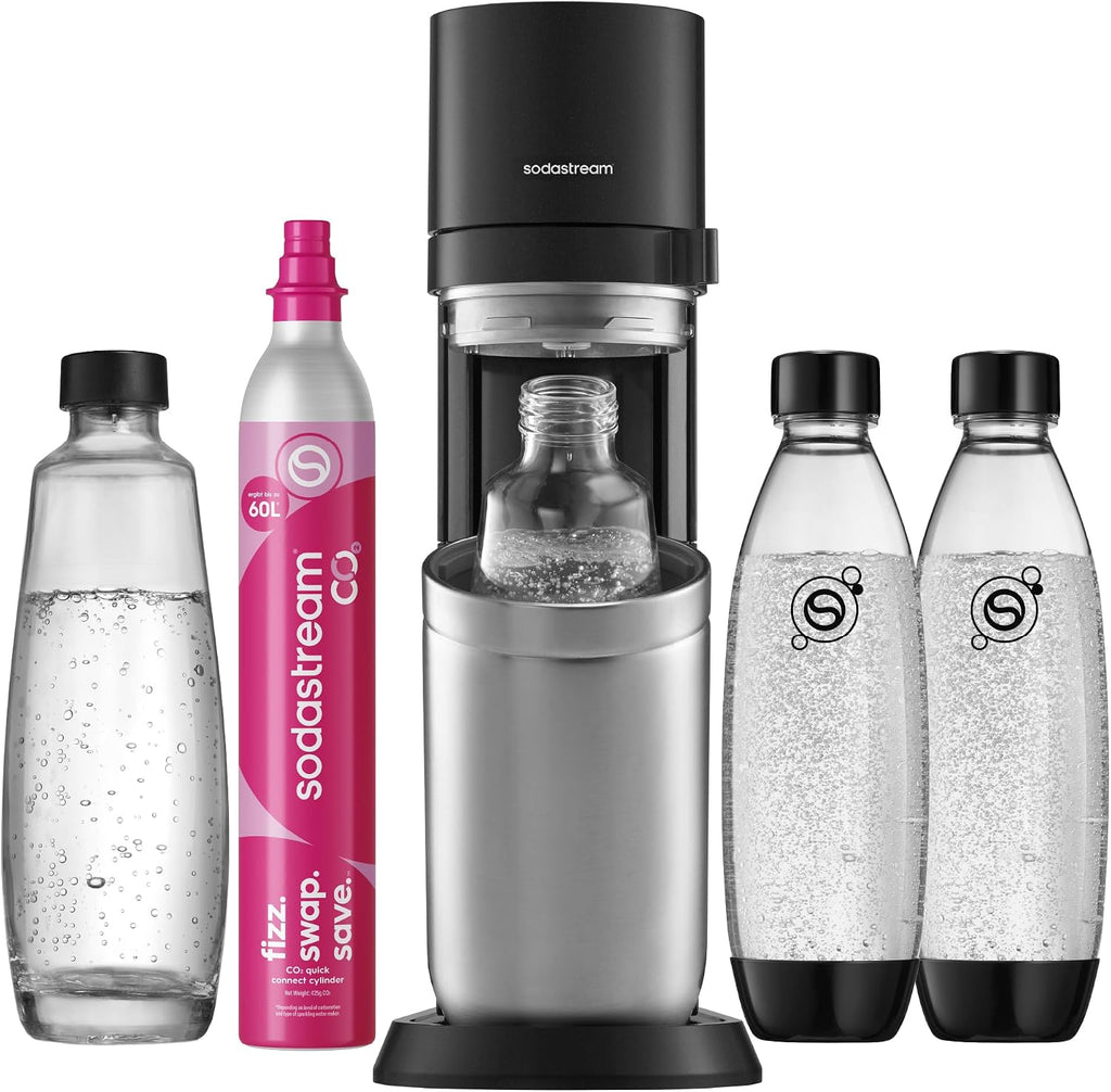 SodaStream DUO Wassersprudler – Quick Connect CO2, 2x Glasflasche & 2x Plastikflasche 1L, Titan/Schwarz