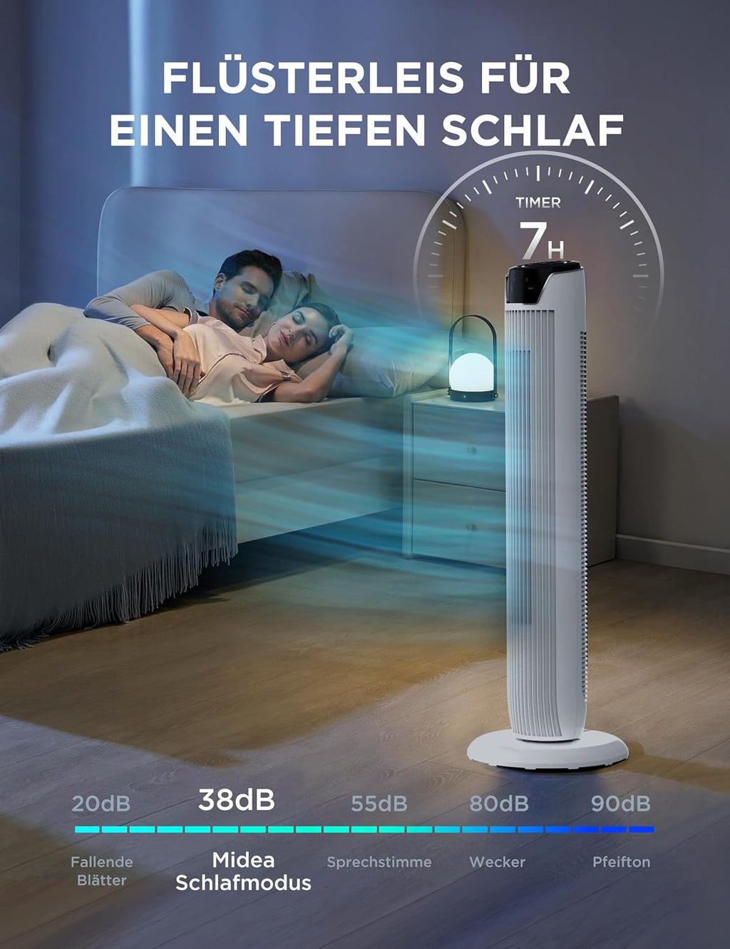 Midea FZ10-17JR Turmventilator 91,8cm – 45W, 330m³/h, 90° Oszillation, 3 Modi, 38dB, 7h Timer, Weiß