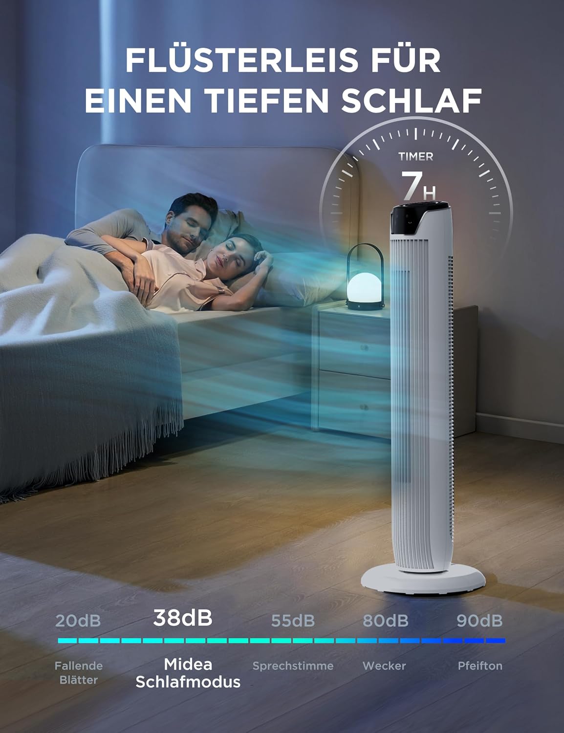 Midea FZ10-17JR Turmventilator 91,8cm – 45W, 330m³/h, 90° Oszillation, 3 Modi, 38dB, 7h Timer, Weiß
