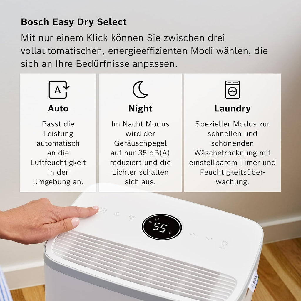 Bosch Dry 2000 Luftentfeuchter 12L/Tag – 35dB, 2,5L Tank, Auto/Nacht/Wäsche, 24m², Weiß/Grau