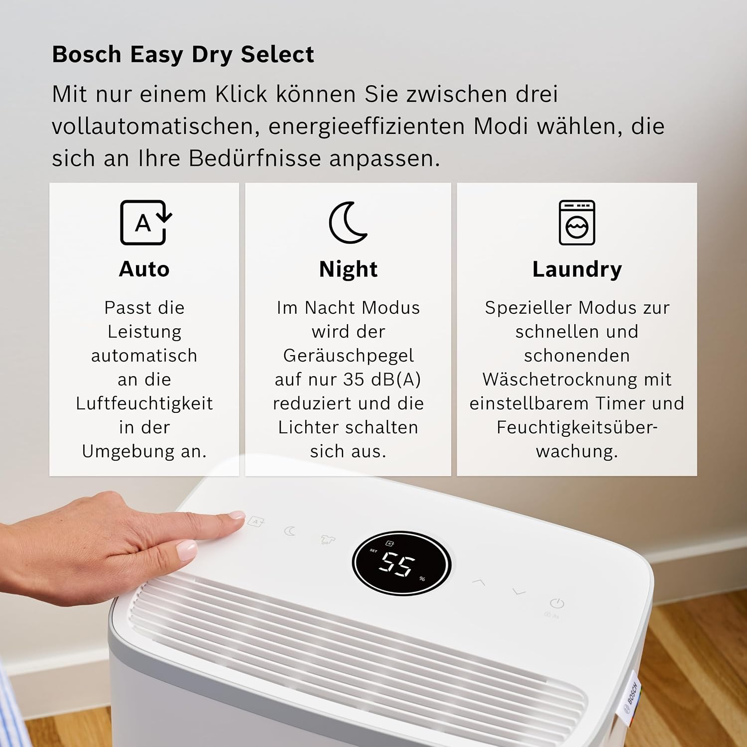 Bosch Dry 2000 Luftentfeuchter 12L/Tag – 35dB, 2,5L Tank, Auto/Nacht/Wäsche, 24m², Weiß/Grau