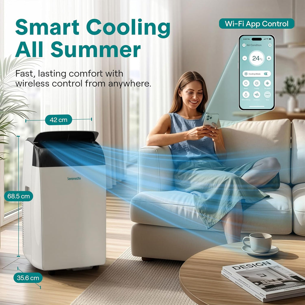 SereneLife Portable Air Conditioner 16000 BTU with WiFi, Portable AC Air Conditioning Unit, 3-in-1 with Cooling, Fan & Dehumidifier Modes, Self-Evaporating & Sleep Mode for Large Rooms & Home Office
