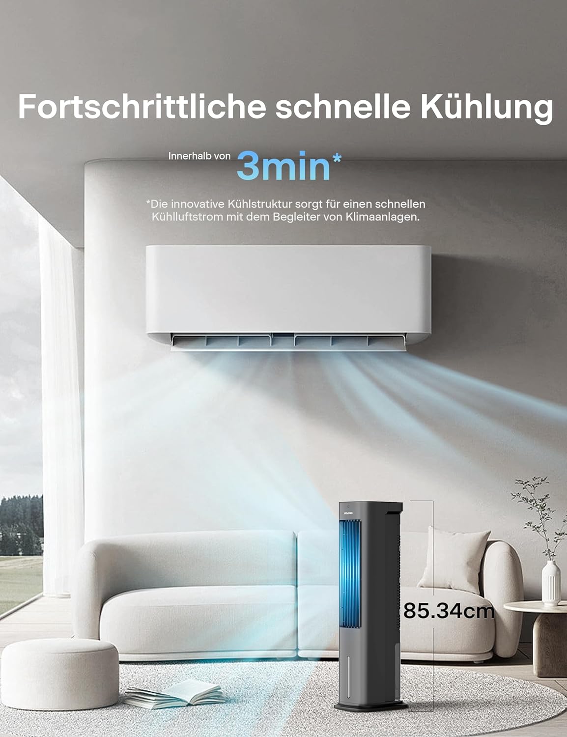 Pelonis PFC50A4AWGBDE 3-in-1 Luftkühler 5L – Verdunstung, Kühlpads, 55W, 330m³/h, 7h Timer, Schwarz