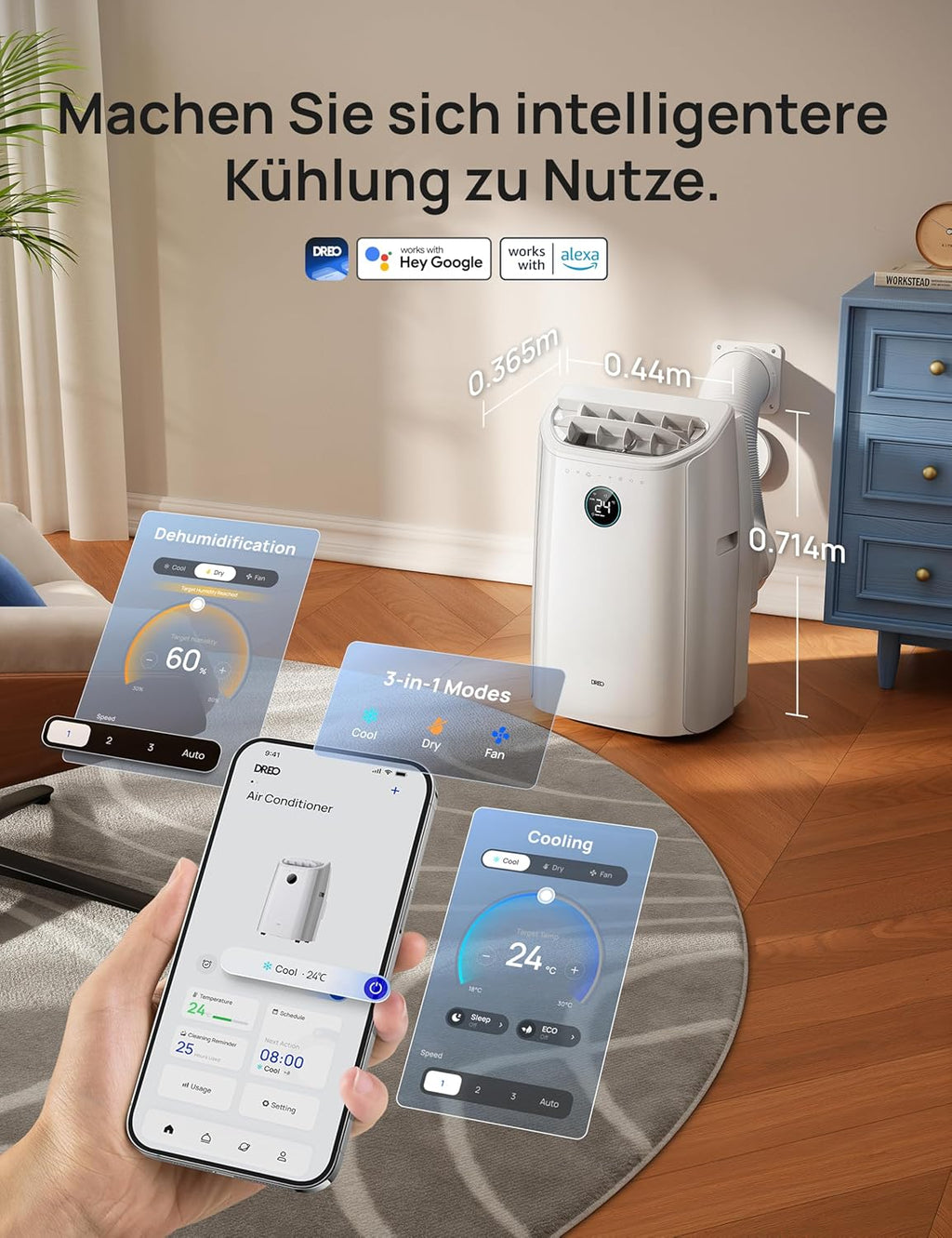 DREO AC515S Mobiles Klimagerät 10.000 BTU – 3-in-1, R290, EEK A, HEPA, Alexa, Google Home, Weiß