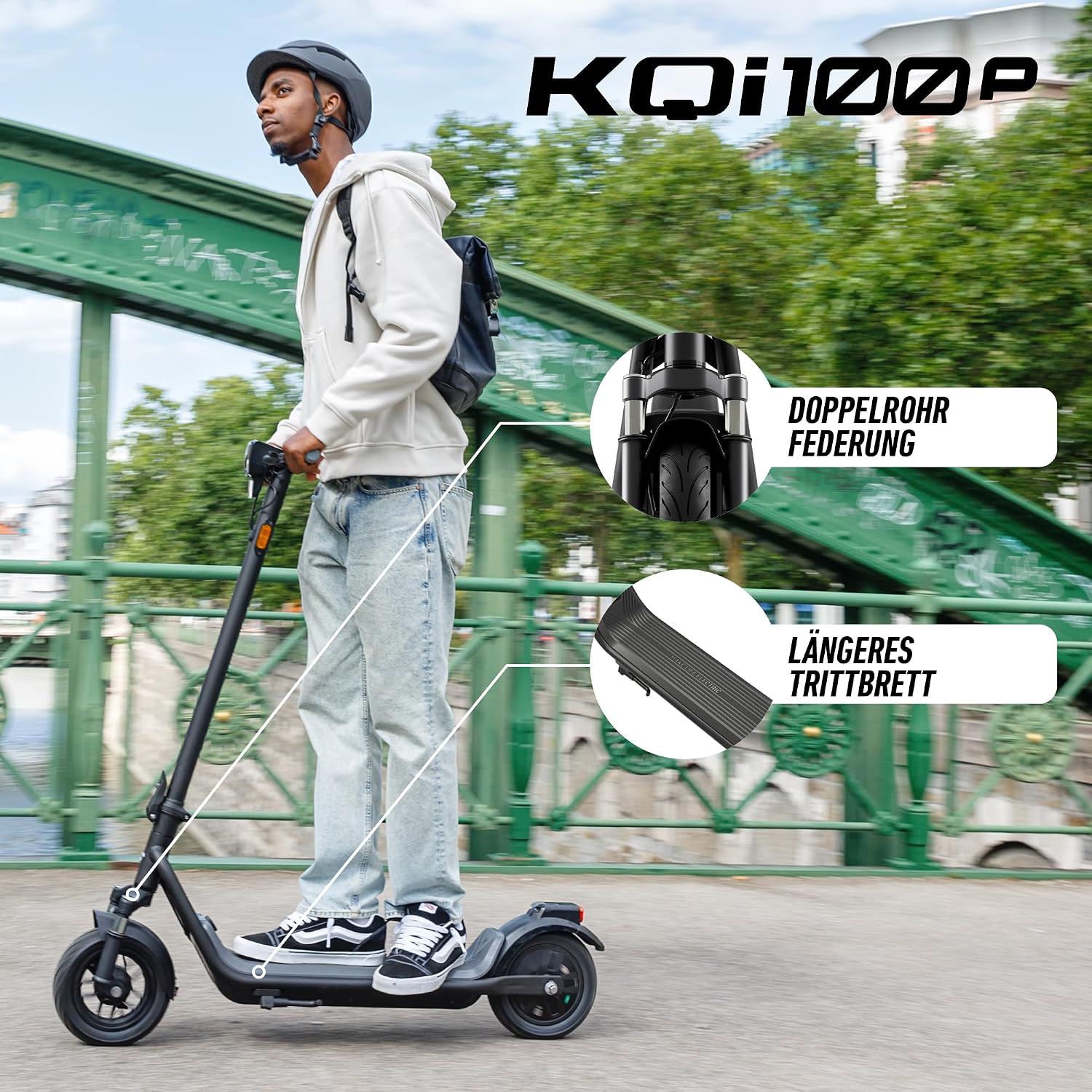 NIU KQi100P E-Scooter mit ABE, bis zu 29 km Reichweite, 300 W Motor, 10 Zoll Luftreifen, hydraulische Vorderradfederung, App-Steuerung, Anthrazit/Schwarz**