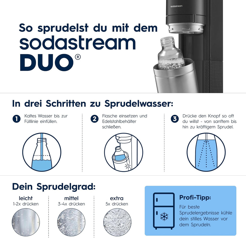 SodaStream DUO Wassersprudler – Quick Connect CO2, 2x Glasflasche & 2x Plastikflasche 1L, Titan/Schwarz