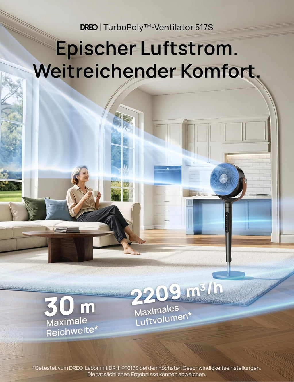 DREO PolyFan 513S DR-HAF003S Standventilator 95,5cm – 2209m³/h, 20dB, RGB, 150°+120°, WiFi, Alexa, Schwarz