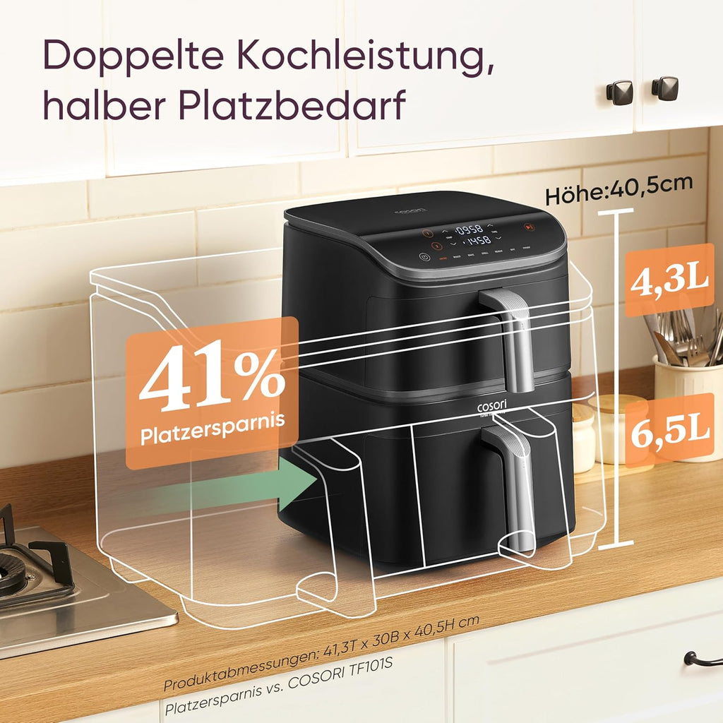 Cosori Turbo Tower Pro CAF-DC113S 10,8L – Keramik, DualBlaze, 5 Lüfterstufen, WiFi, 2630W, Silbergrau