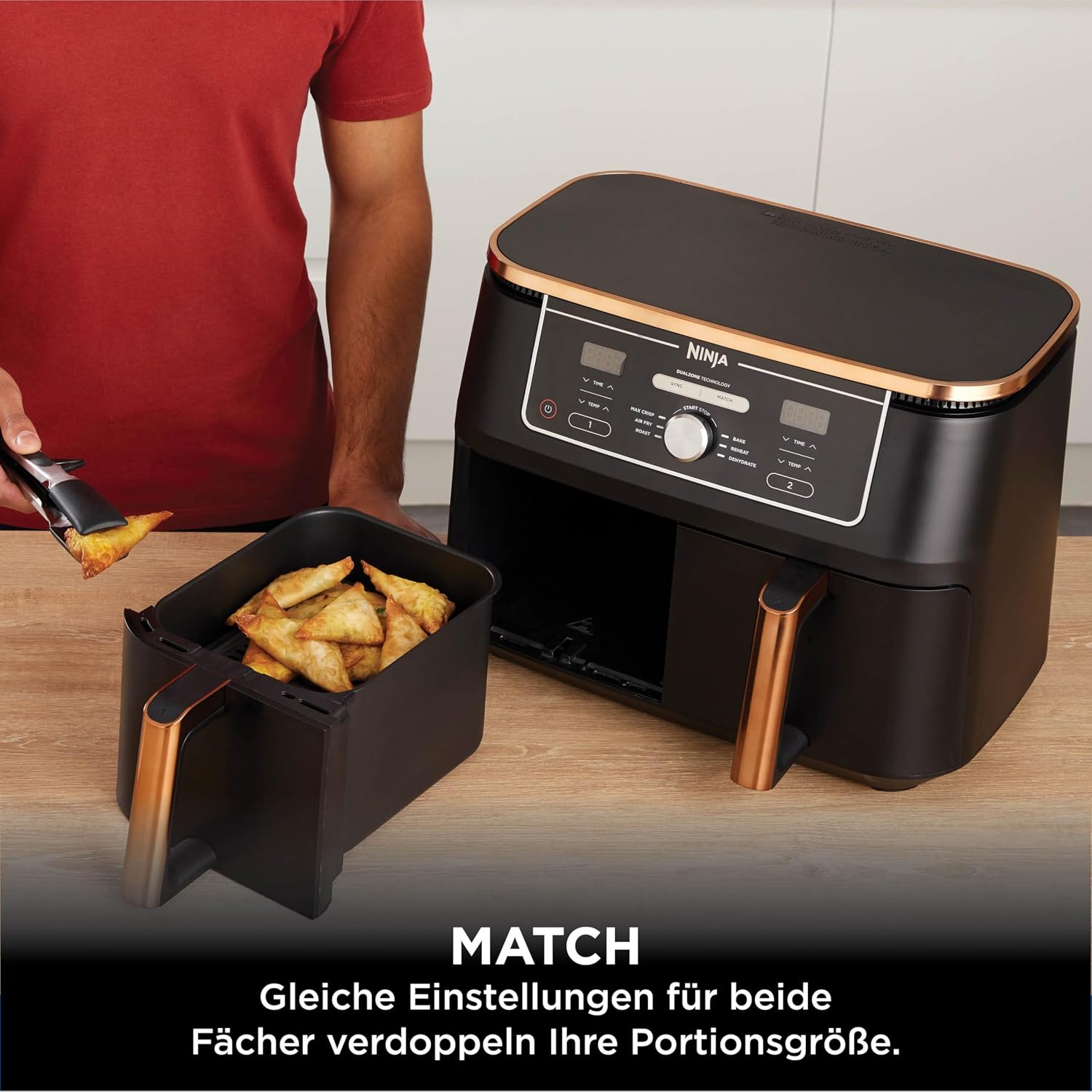 Ninja AF400EUCP Foodi MAX Dual Zone Heißluftfritteuse 9,5L – 6 Funktionen, 2470W, Kupfer/Schwarz