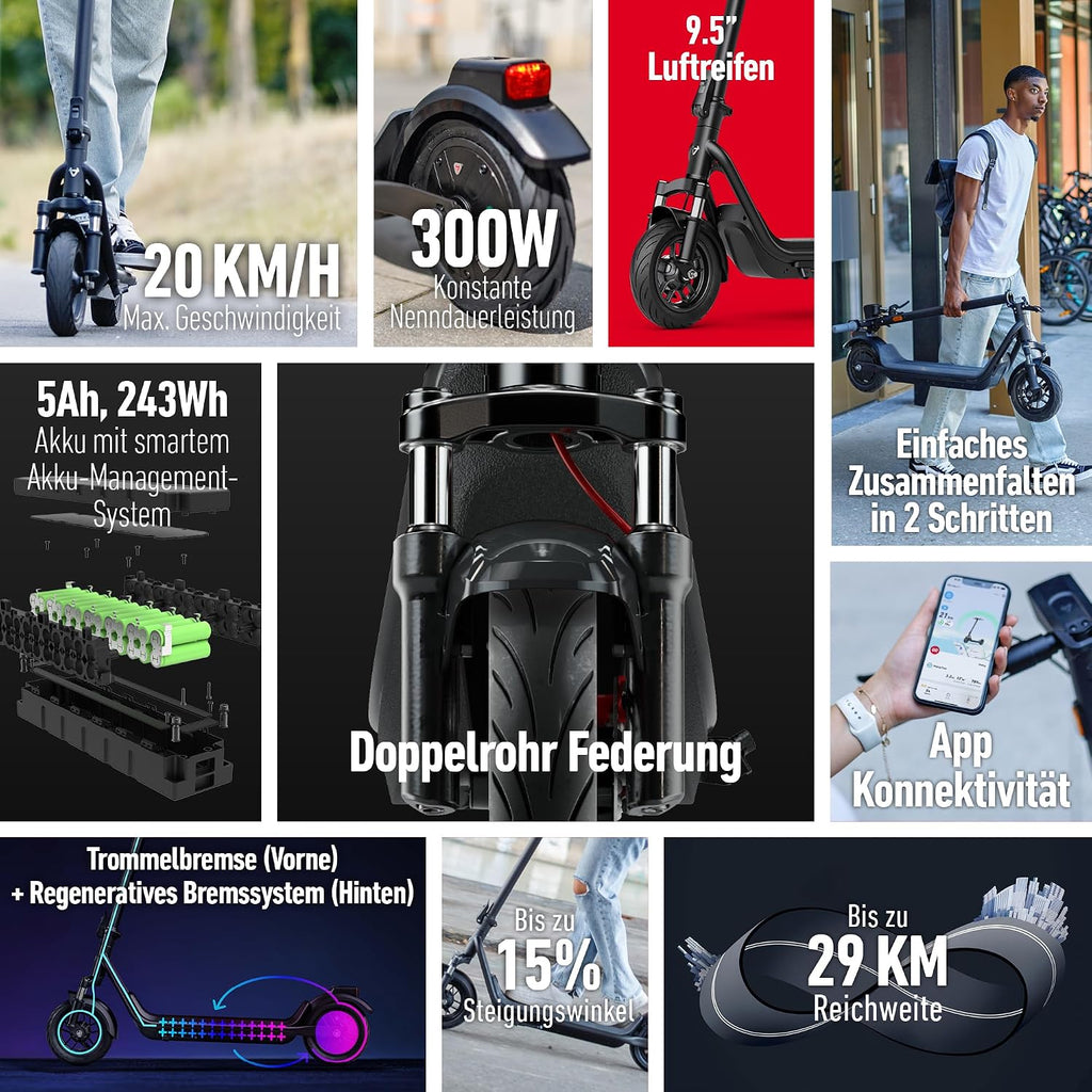 NIU KQi100P E-Scooter mit ABE, bis zu 29 km Reichweite, 300 W Motor, 10 Zoll Luftreifen, hydraulische Vorderradfederung, App-Steuerung, Anthrazit/Schwarz**