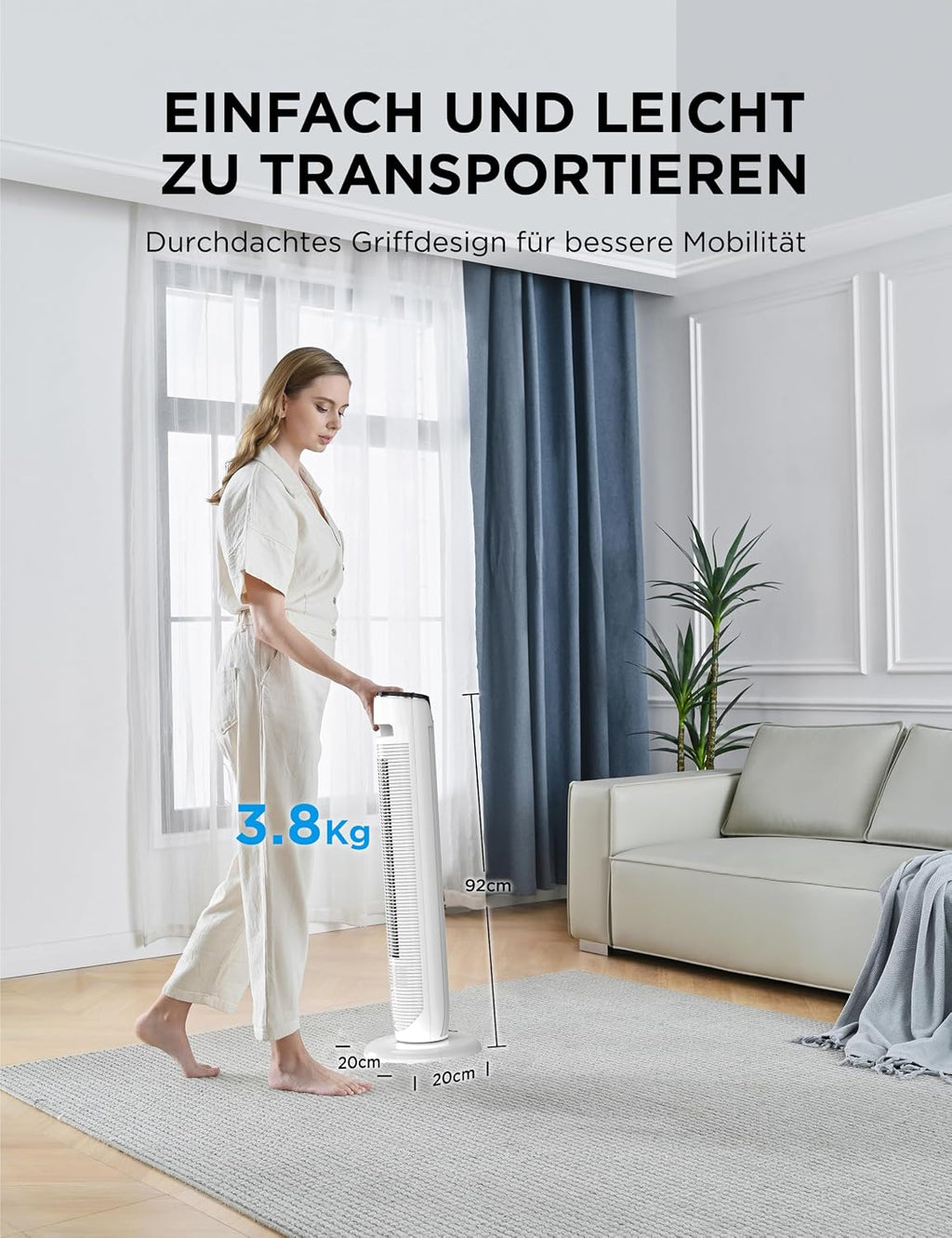 Midea FZ10-17JR Turmventilator 91,8cm – 45W, 330m³/h, 90° Oszillation, 3 Modi, 38dB, 7h Timer, Weiß