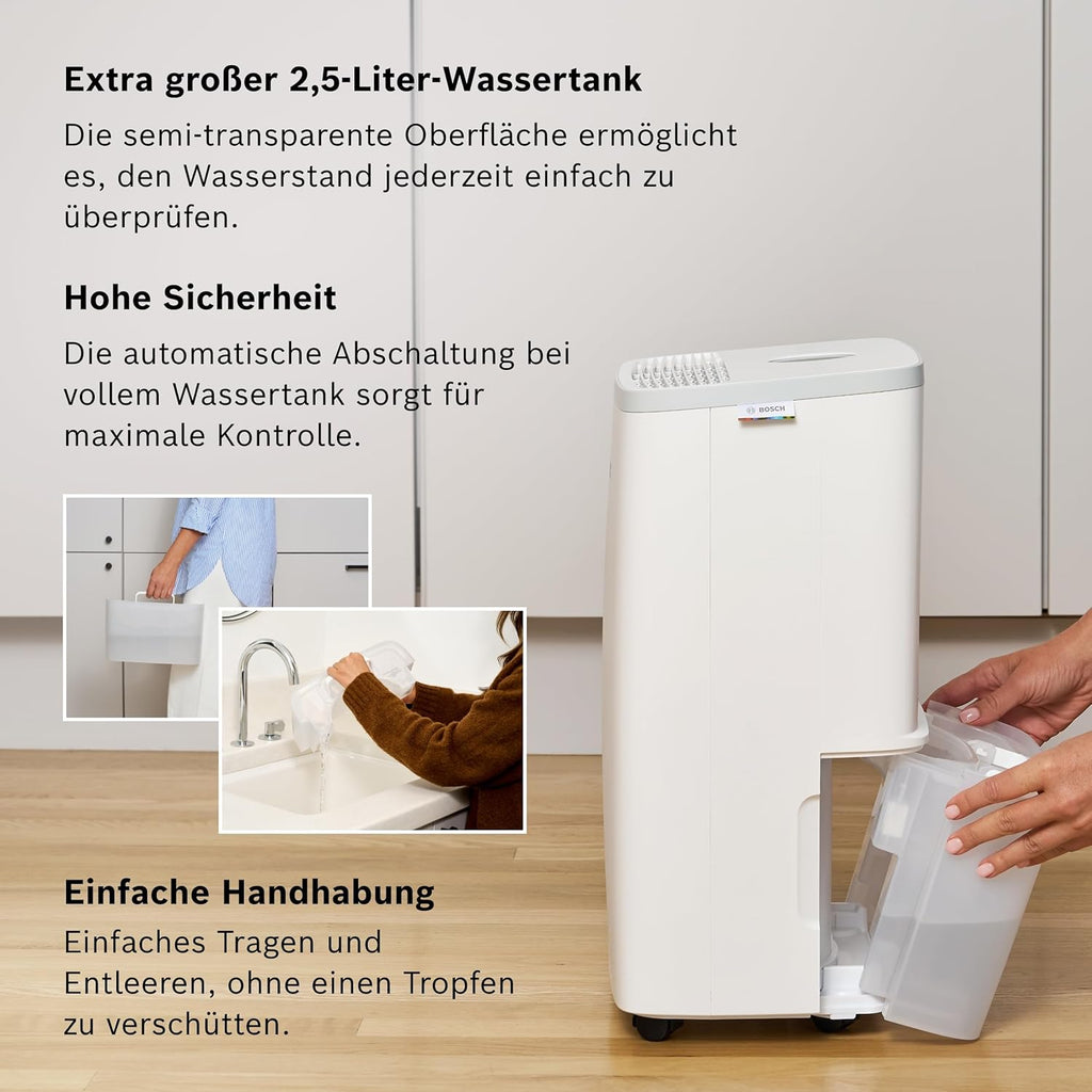 Bosch Dry 2000 Luftentfeuchter 12L/Tag – 35dB, 2,5L Tank, Auto/Nacht/Wäsche, 24m², Weiß/Grau