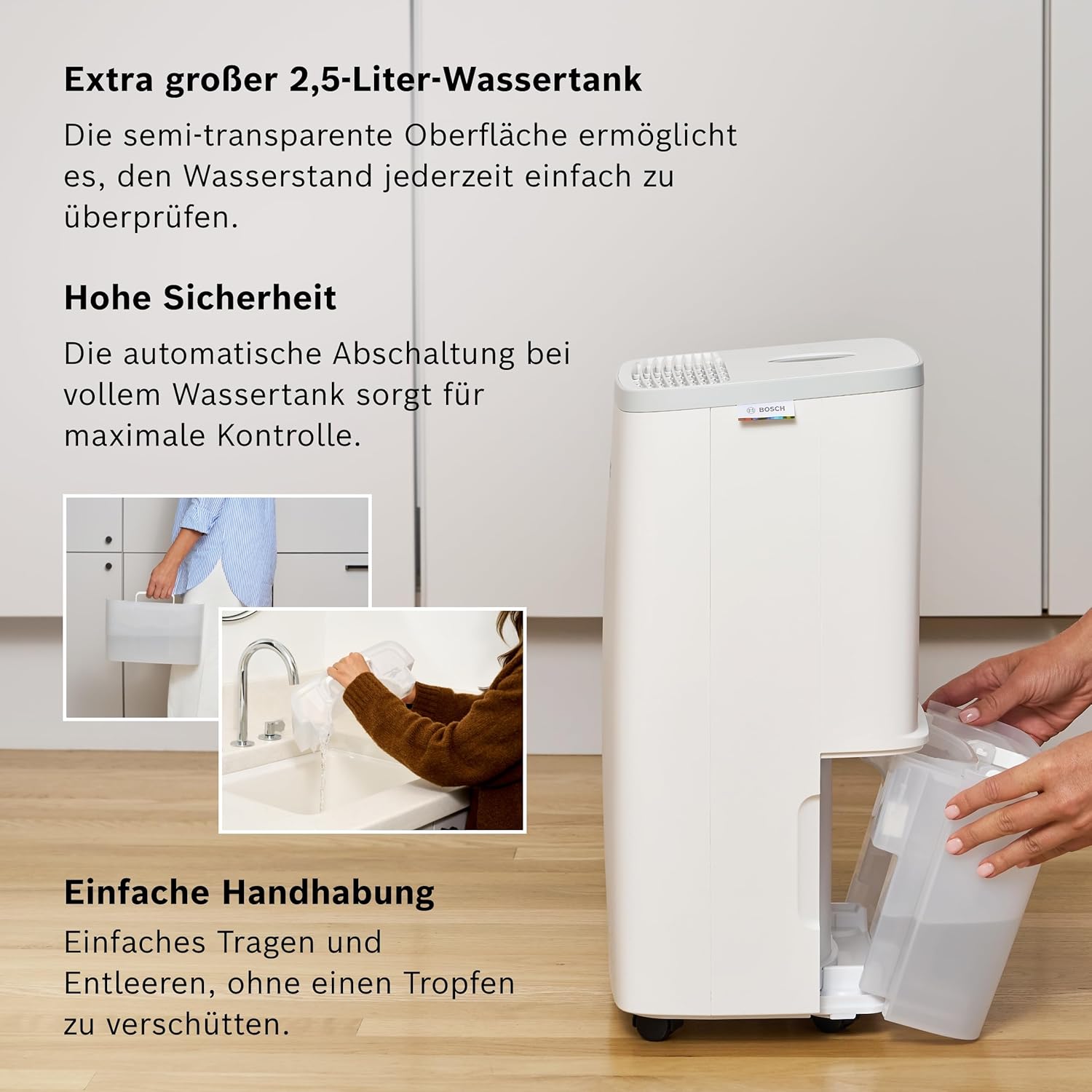 Bosch Dry 2000 Luftentfeuchter 12L/Tag – 35dB, 2,5L Tank, Auto/Nacht/Wäsche, 24m², Weiß/Grau