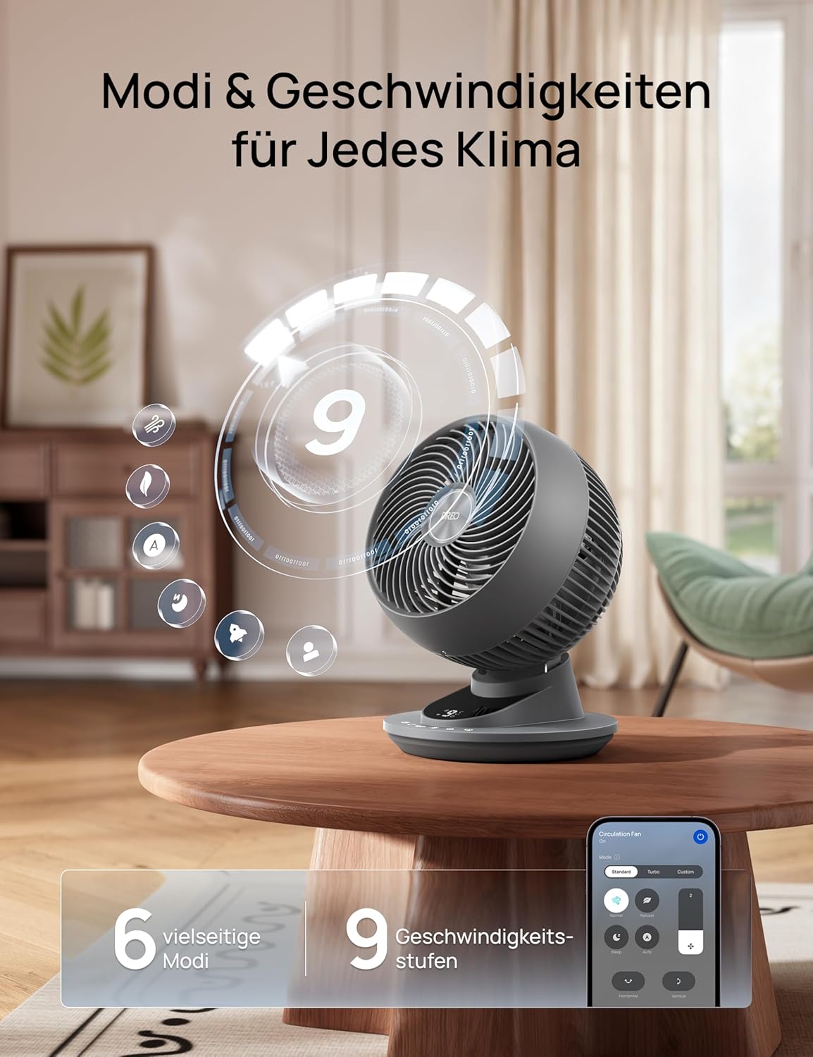 DREO TurboPoly DR-HAF008S Tischventilator – 1.530m³/h, 22dB, 100° Oszillation, 9 Stufen, WiFi, Alexa, Grau