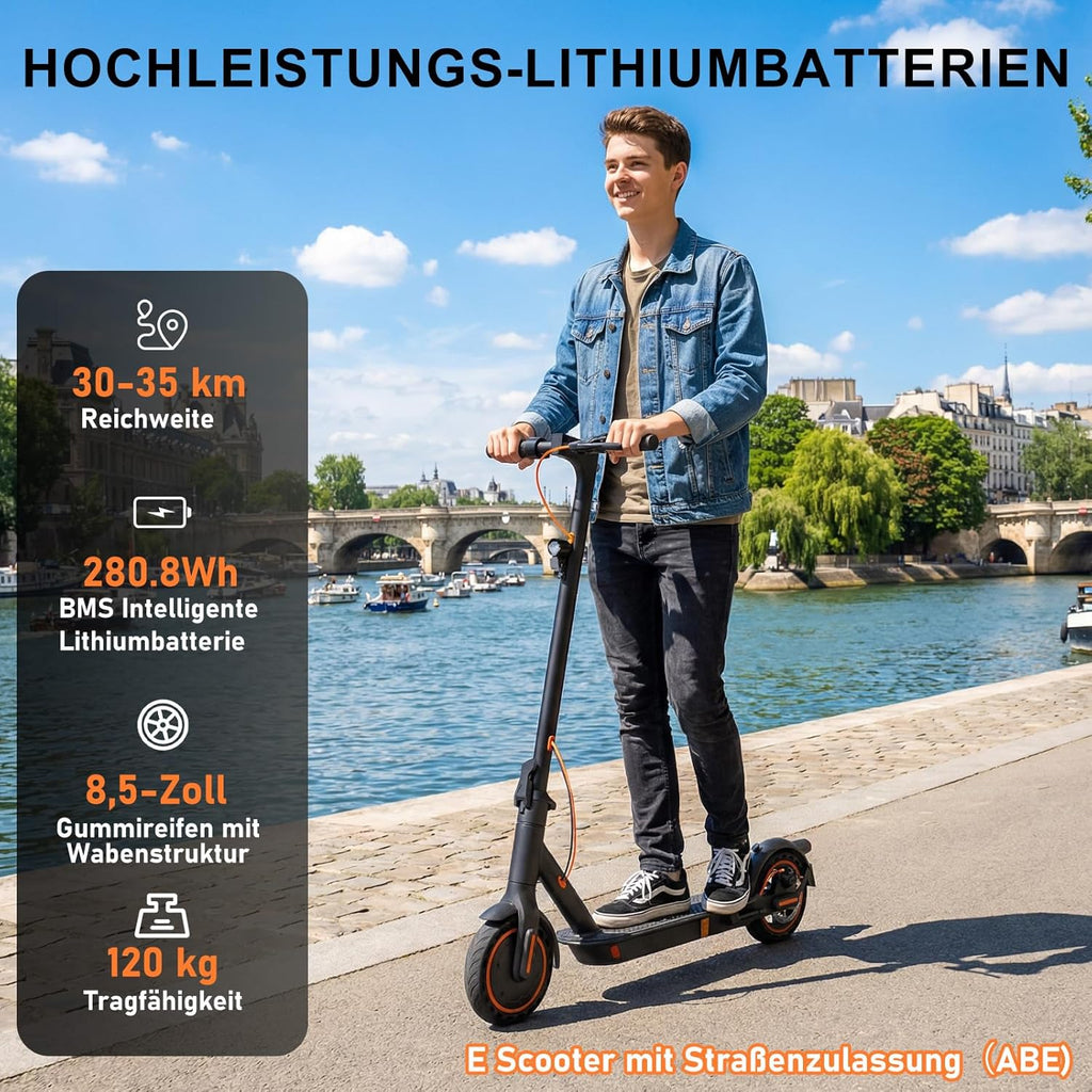 TODIMART T3 E-Scooter mit ABE, bis zu 30 km Reichweite, 8,5 Zoll Vollgummireifen, Bluetooth-App, Dual-Bremssystem, faltbar, IPX5, Schwarz/Orange**