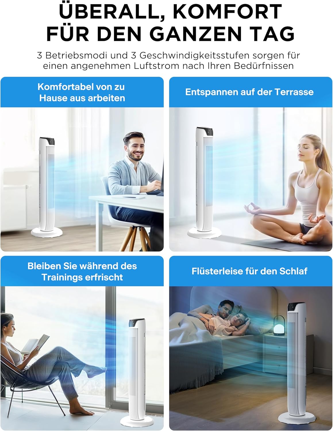 Midea FZ10-17JR Turmventilator 91,8cm – 45W, 330m³/h, 90° Oszillation, 3 Modi, 38dB, 7h Timer, Weiß