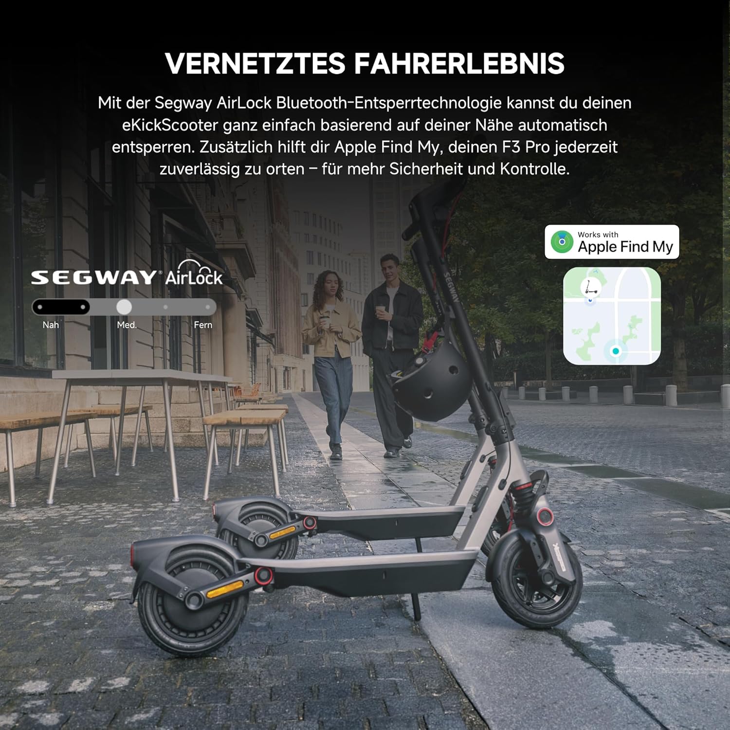 Segway-Ninebot F3 Pro D E-Scooter, bis zu 70 km Reichweite, 10 Zoll selbstabdichtende Luftreifen, Vollfederung, TFT-Display, Apple Find My, faltbar, Schwarz