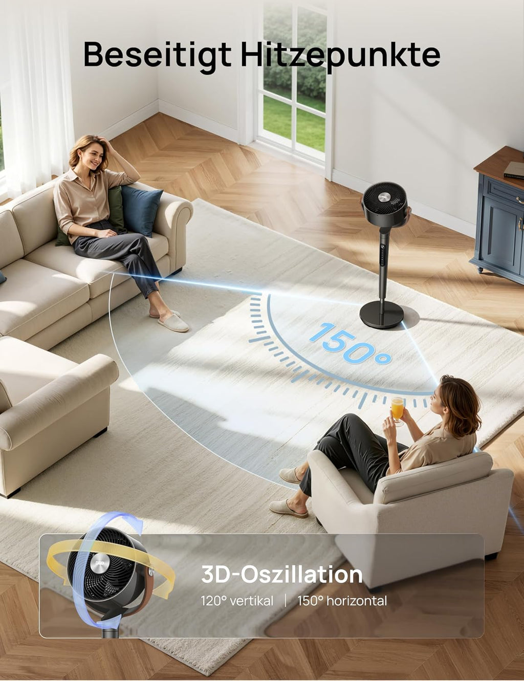 DREO PolyFan 513S DR-HAF003S Standventilator 95,5cm – 2209m³/h, 20dB, RGB, 150°+120°, WiFi, Alexa, Schwarz