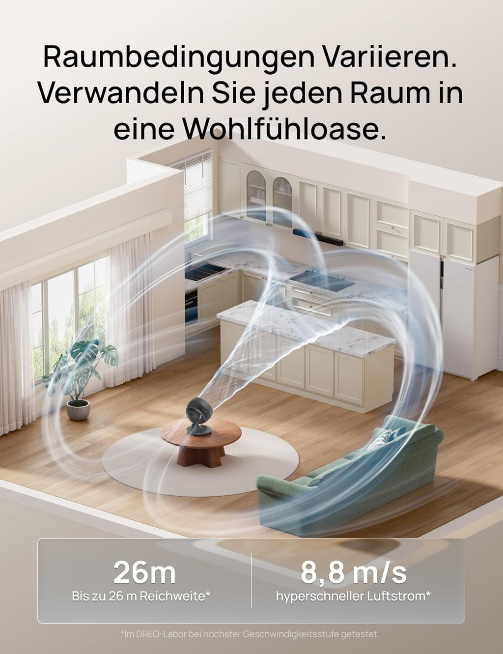 DREO TurboPoly DR-HAF008S Tischventilator – 1.530m³/h, 22dB, 100° Oszillation, 9 Stufen, WiFi, Alexa, Grau