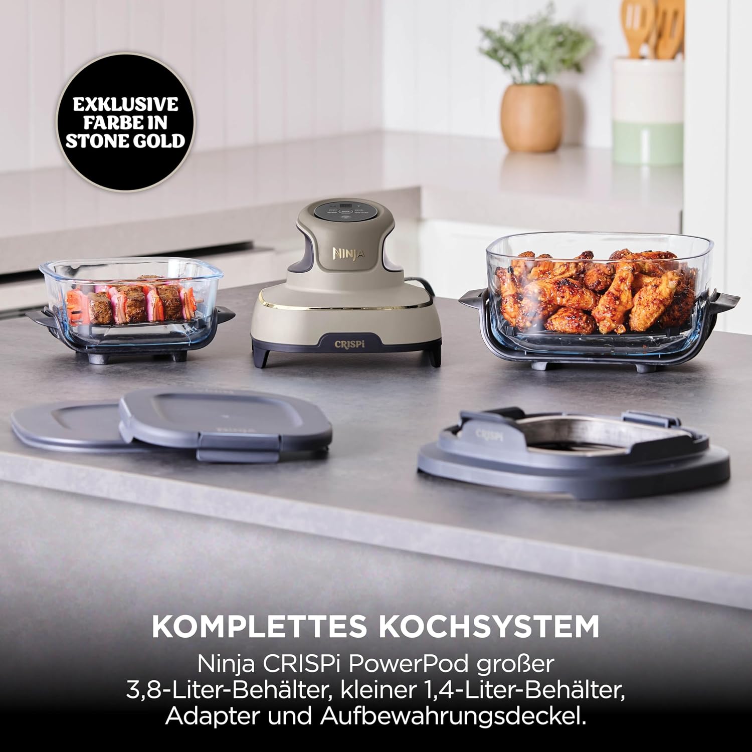 Ninja FN101EU CRISPi Heißluftfritteuse 3,8L – 4 Funktionen, PFAS-frei, Glasbehälter, 1700W, Stone Gold