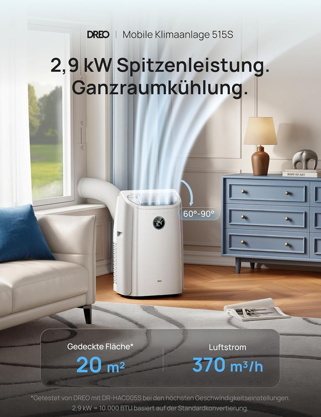 DREO AC515S Mobiles Klimagerät 10.000 BTU – 3-in-1, R290, EEK A, HEPA, Alexa, Google Home, Weiß