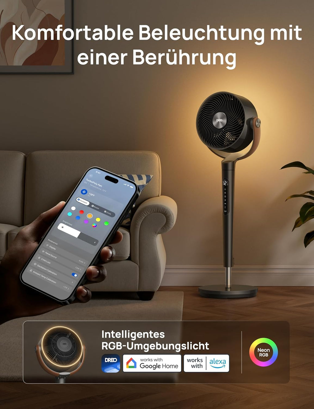 DREO PolyFan 513S DR-HAF003S Standventilator 95,5cm – 2209m³/h, 20dB, RGB, 150°+120°, WiFi, Alexa, Schwarz
