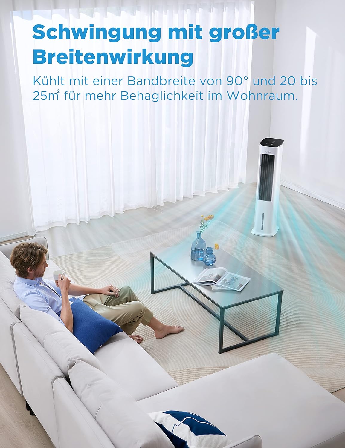 Midea AC100-20ARB Luftkühler 4-in-1 – 5L Wassertank, 3 Modi, Fernbedienung, 55W, Weiß