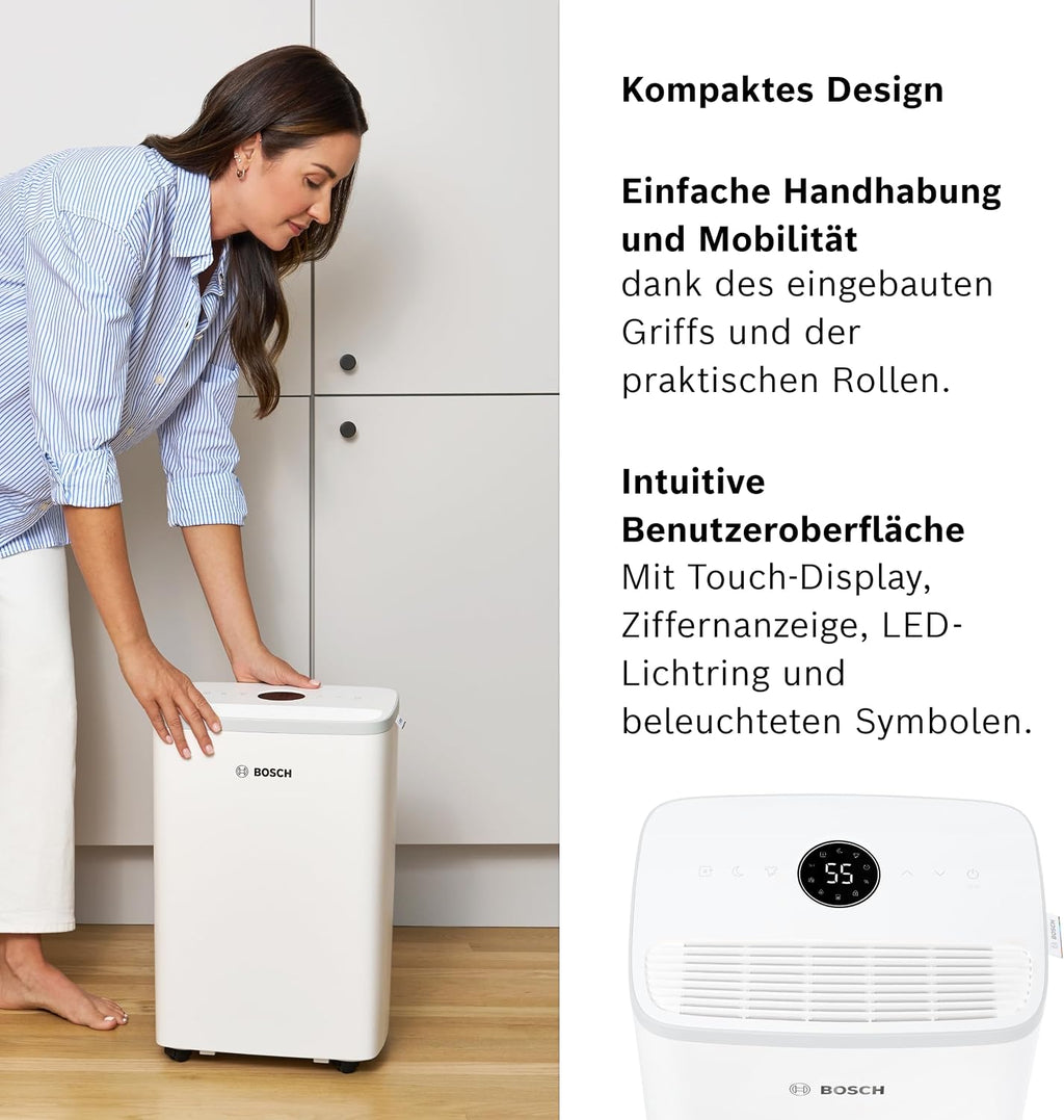 Bosch Dry 2000 Luftentfeuchter 12L/Tag – 35dB, 2,5L Tank, Auto/Nacht/Wäsche, 24m², Weiß/Grau