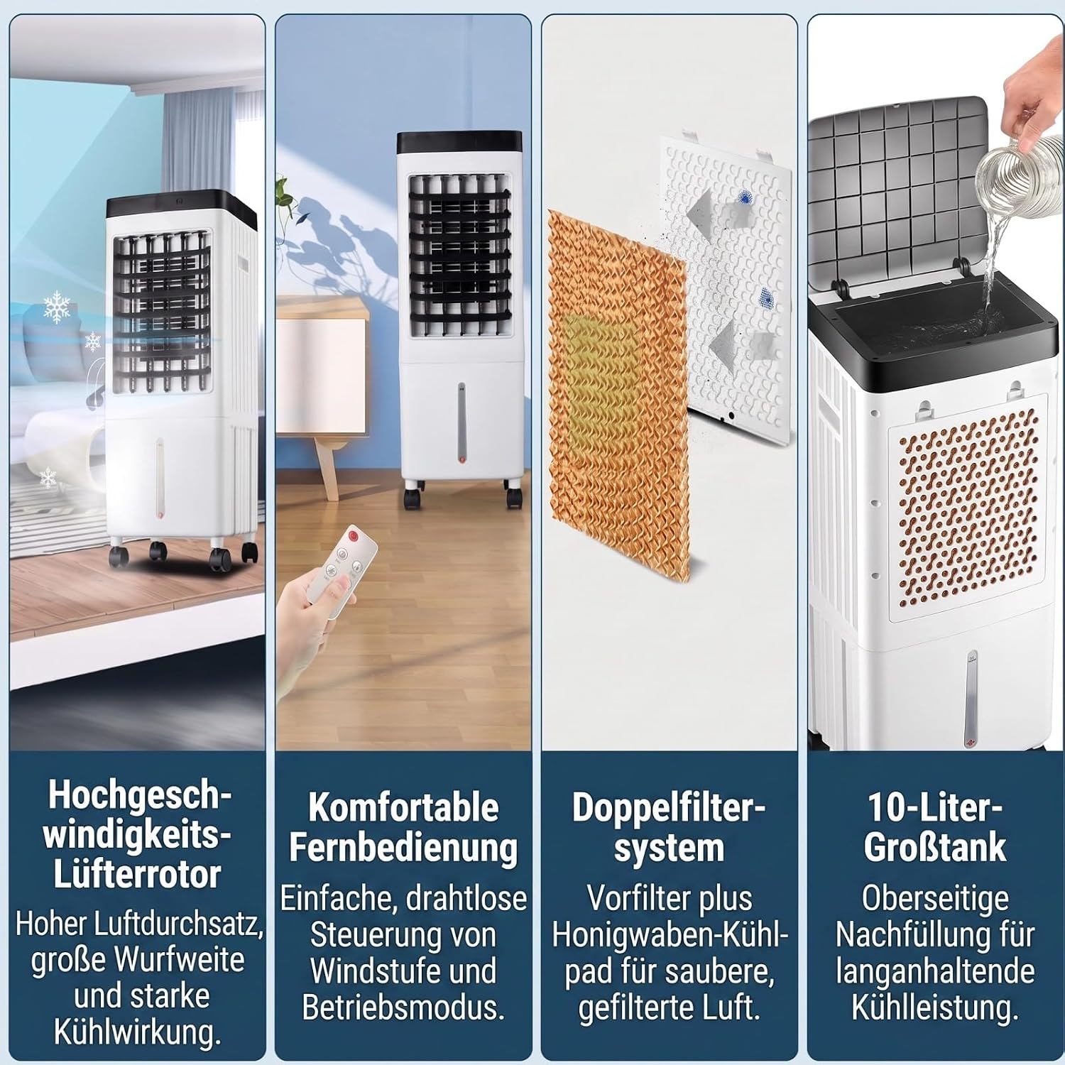 VINGVO x7c29edoga-12 Mobiler Luftkühler 3-in-1 – 6-10L Tank, Eispack, 65W, 30dB, Schwenkfunktion, Timer, Fernbedienung