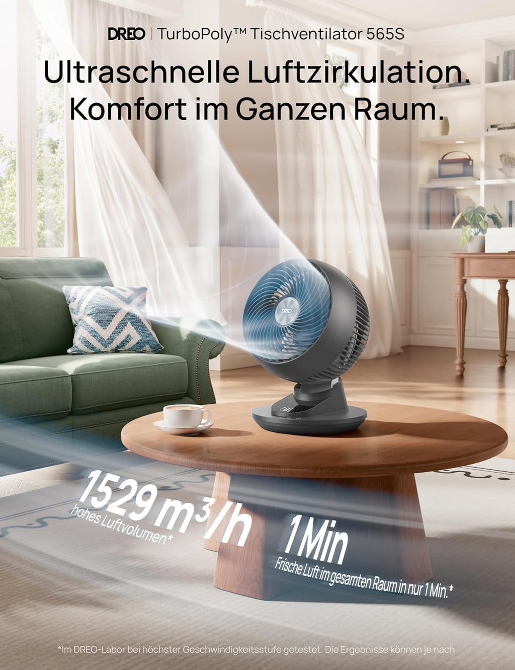 DREO TurboPoly DR-HAF008S Tischventilator – 1.530m³/h, 22dB, 100° Oszillation, 9 Stufen, WiFi, Alexa, Grau